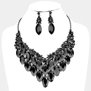 Black Crystal Marquise Vine Leaf Evening Necklace Set
