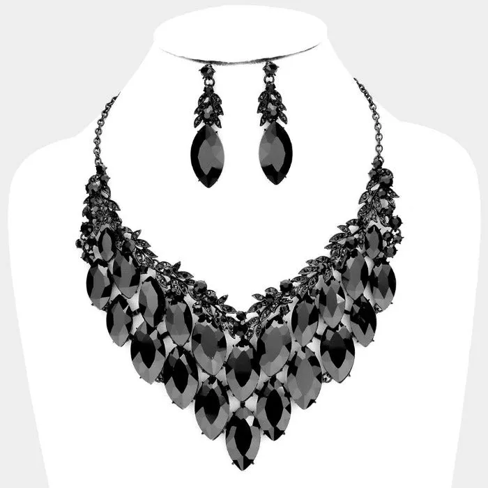 Black Crystal Marquise Vine Leaf Evening Necklace Set