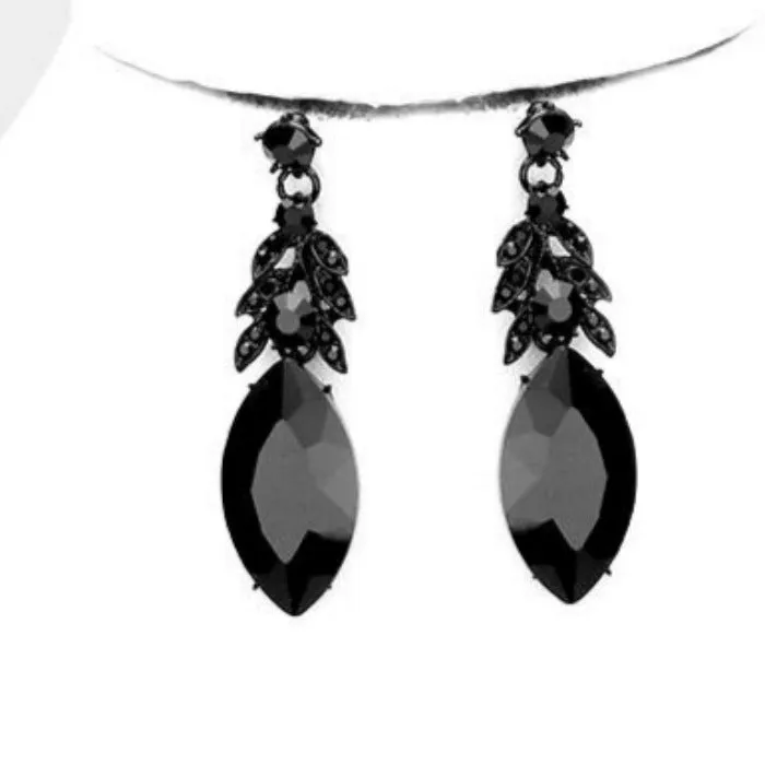 Black Crystal Marquise Vine Leaf Evening Necklace Set