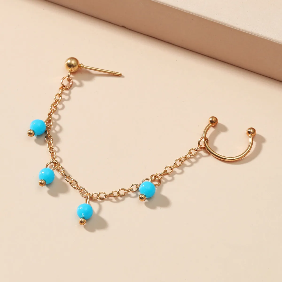 Blue Acrylic & 18K Gold-Plated Beaded Chain Ear Cuff