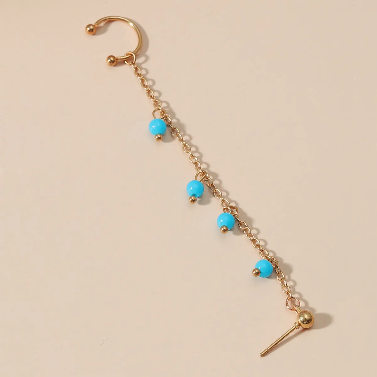 Blue Acrylic & 18K Gold-Plated Beaded Chain Ear Cuff