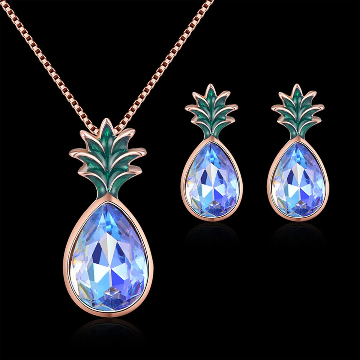 Blue Crystal & 18K Rose Gold-Plated Pineapple Pendant Necklace & Earrings