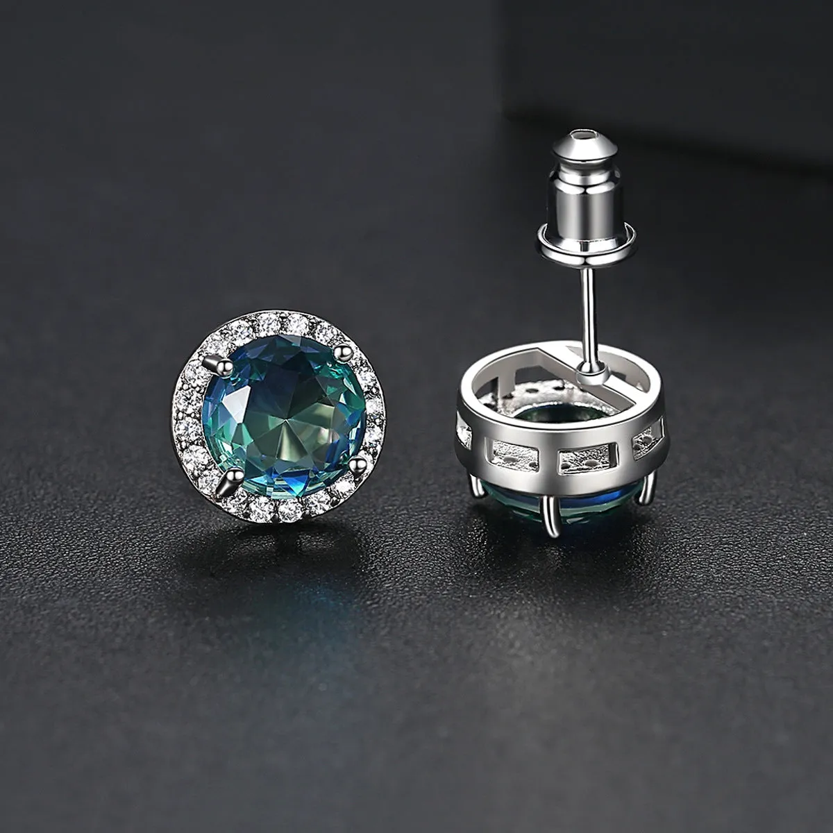 Blue Crystal & Cubic Zirconia Multicolor Halo Round Stud Earrings