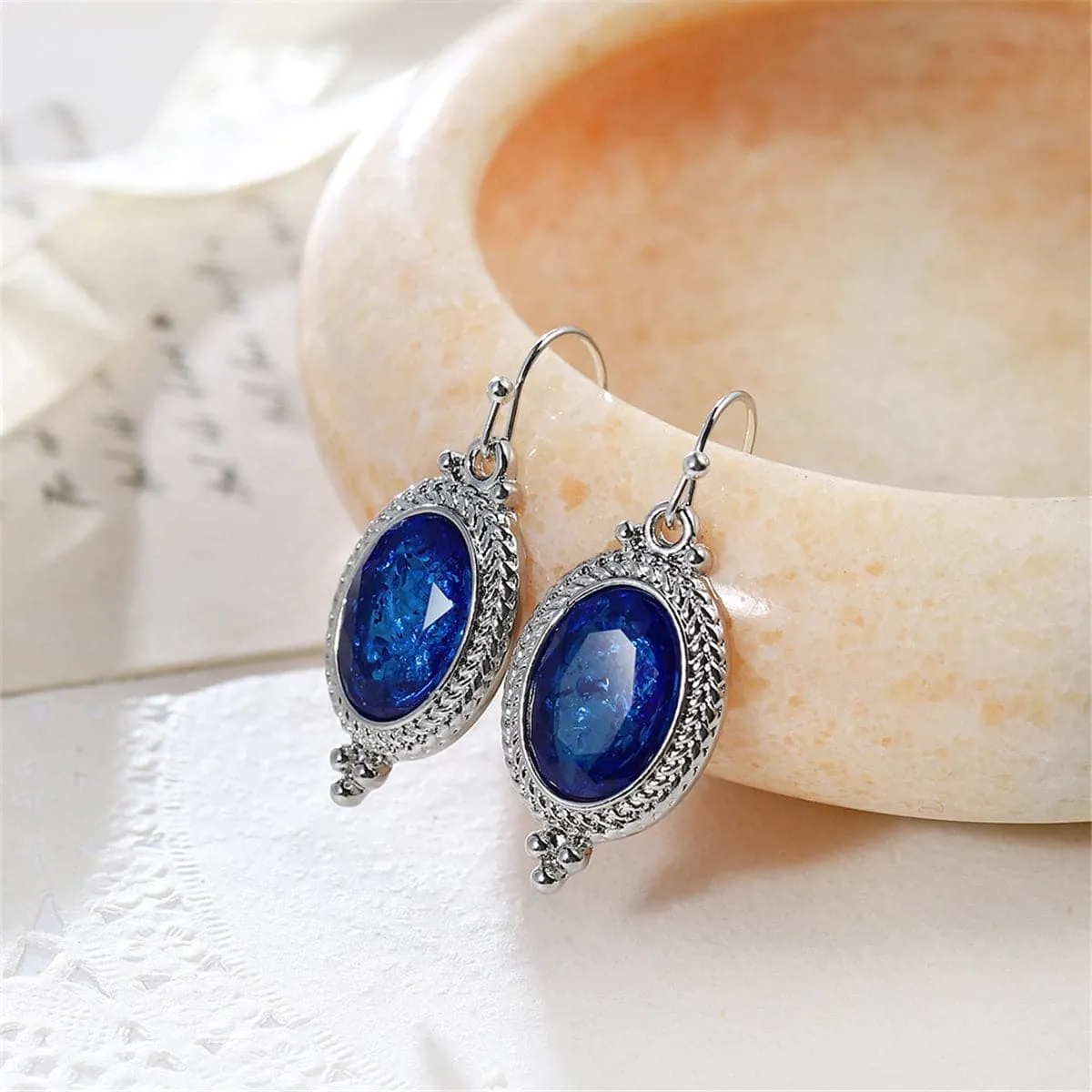 Blue Crystal & Silver-Plated Oval-Cut Drop Earrings