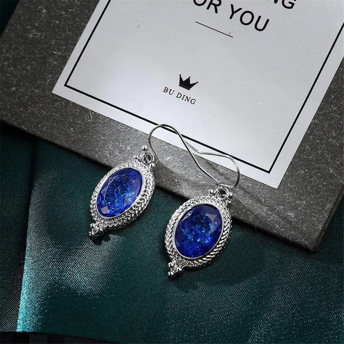 Blue Crystal & Silver-Plated Oval-Cut Drop Earrings