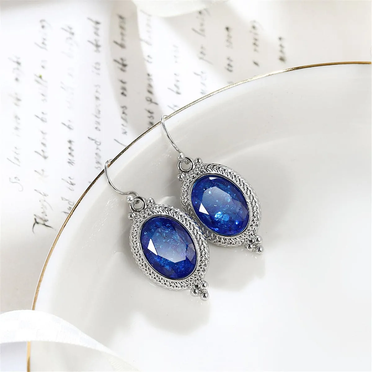 Blue Crystal & Silver-Plated Oval-Cut Drop Earrings