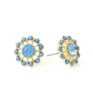 BLUE CRYSTAL FLOWER GOLD POST EARRINGS #SWKK-11356 (AH17)