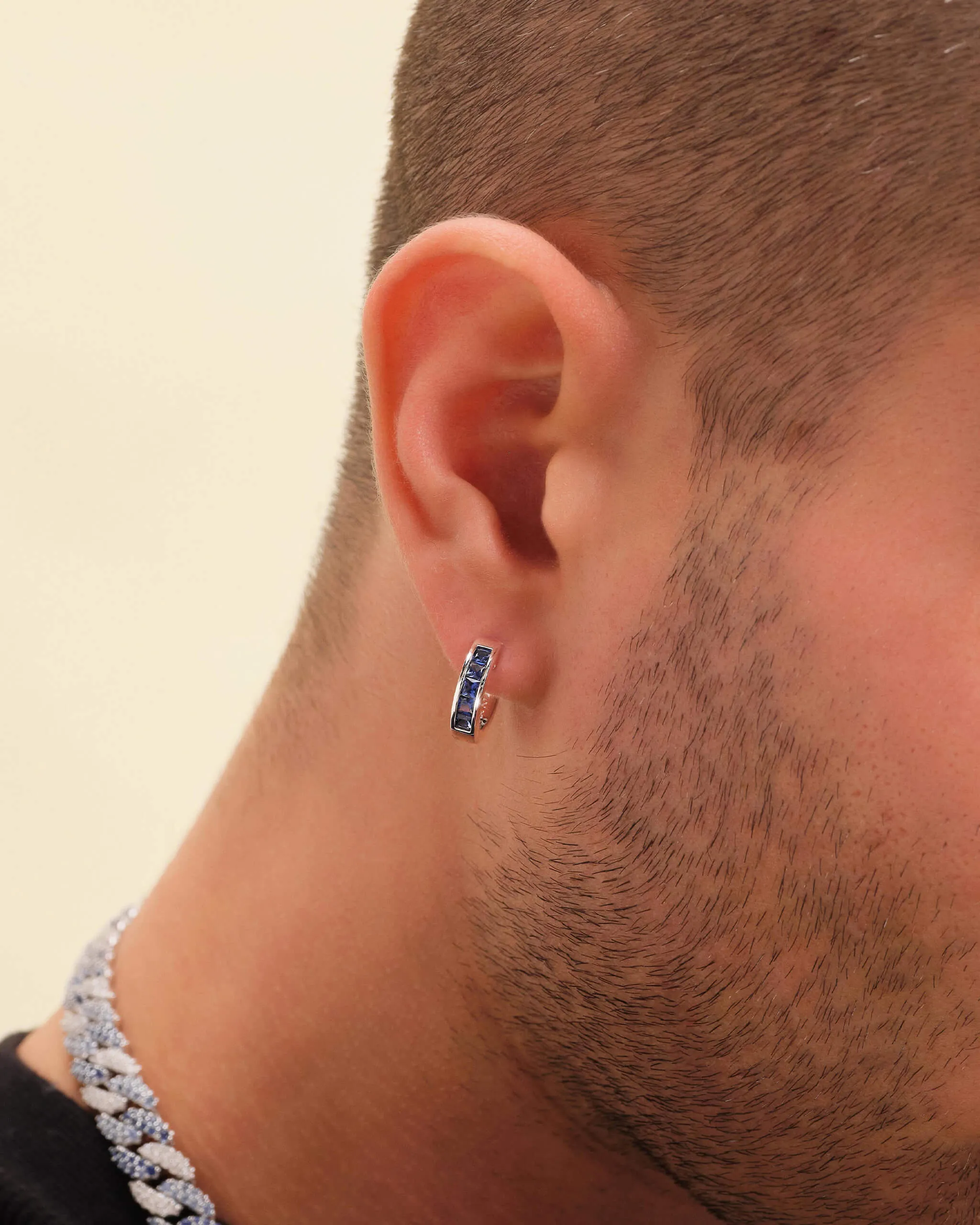 Blue Emerald Cut Inset Hoop Earrings