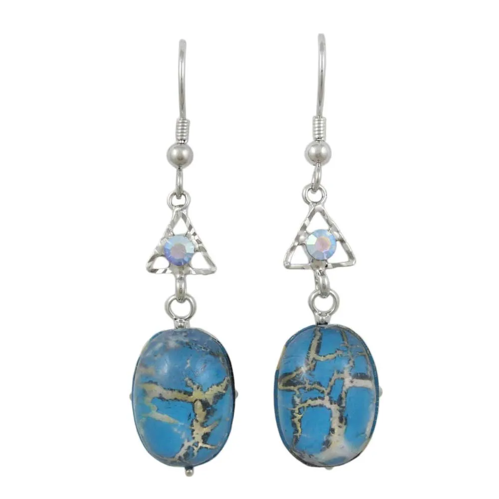 Blue Marbled Glass with Blue Crystal Pierced Earring - REC726