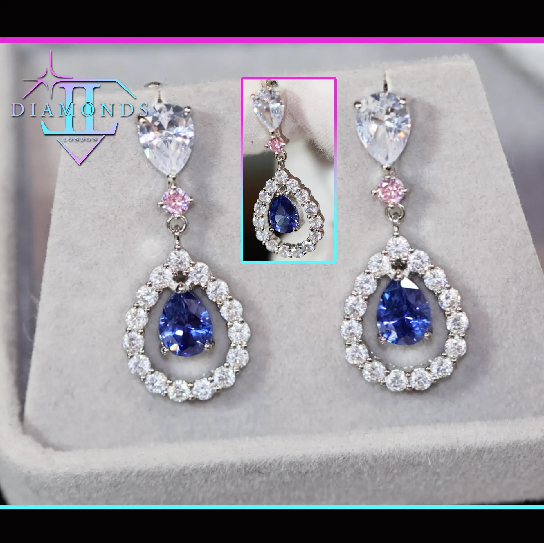 Blue Pear Cut Diamond Earrings | Sapphire Earrings | Sapphire Blue Earrings