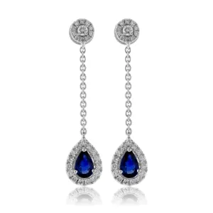 Blue Sapphire & Diamond Drop Halo Earrings