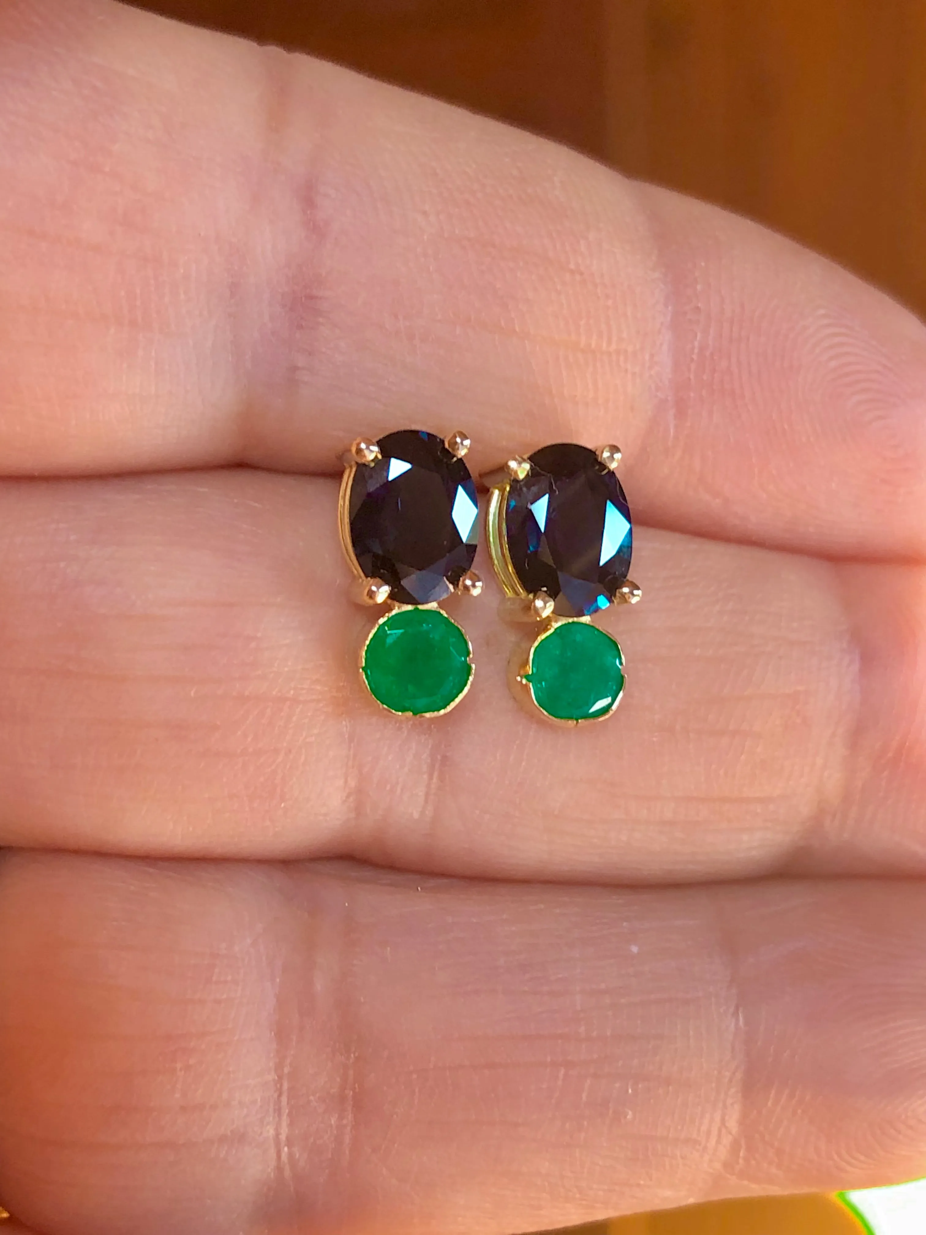 Blue Sapphire, and Colombian Emerald Stud Earrings 18K Yellow Gold
