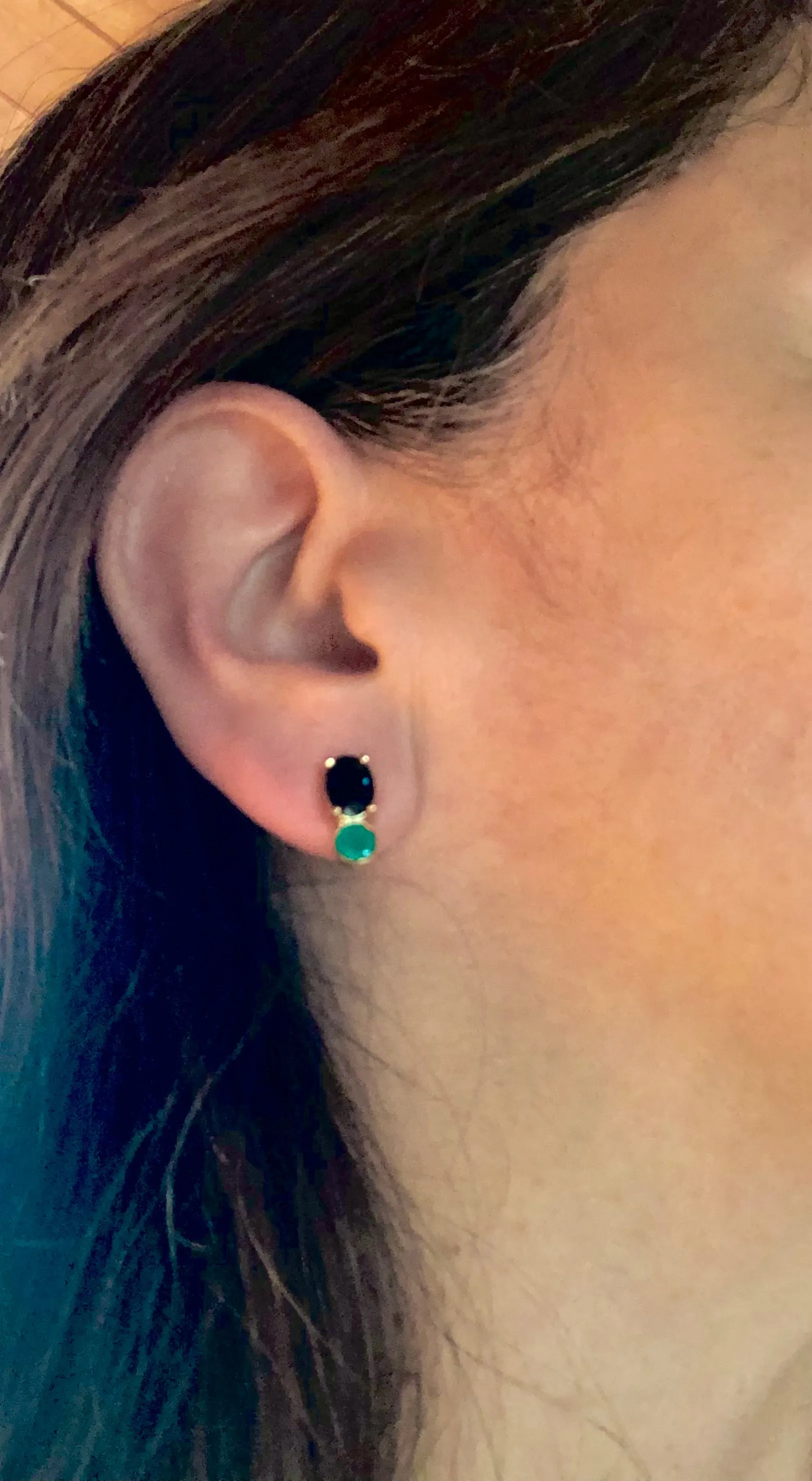Blue Sapphire, and Colombian Emerald Stud Earrings 18K Yellow Gold