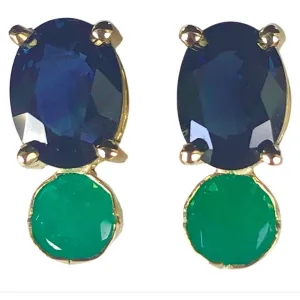 Blue Sapphire, and Colombian Emerald Stud Earrings 18K Yellow Gold