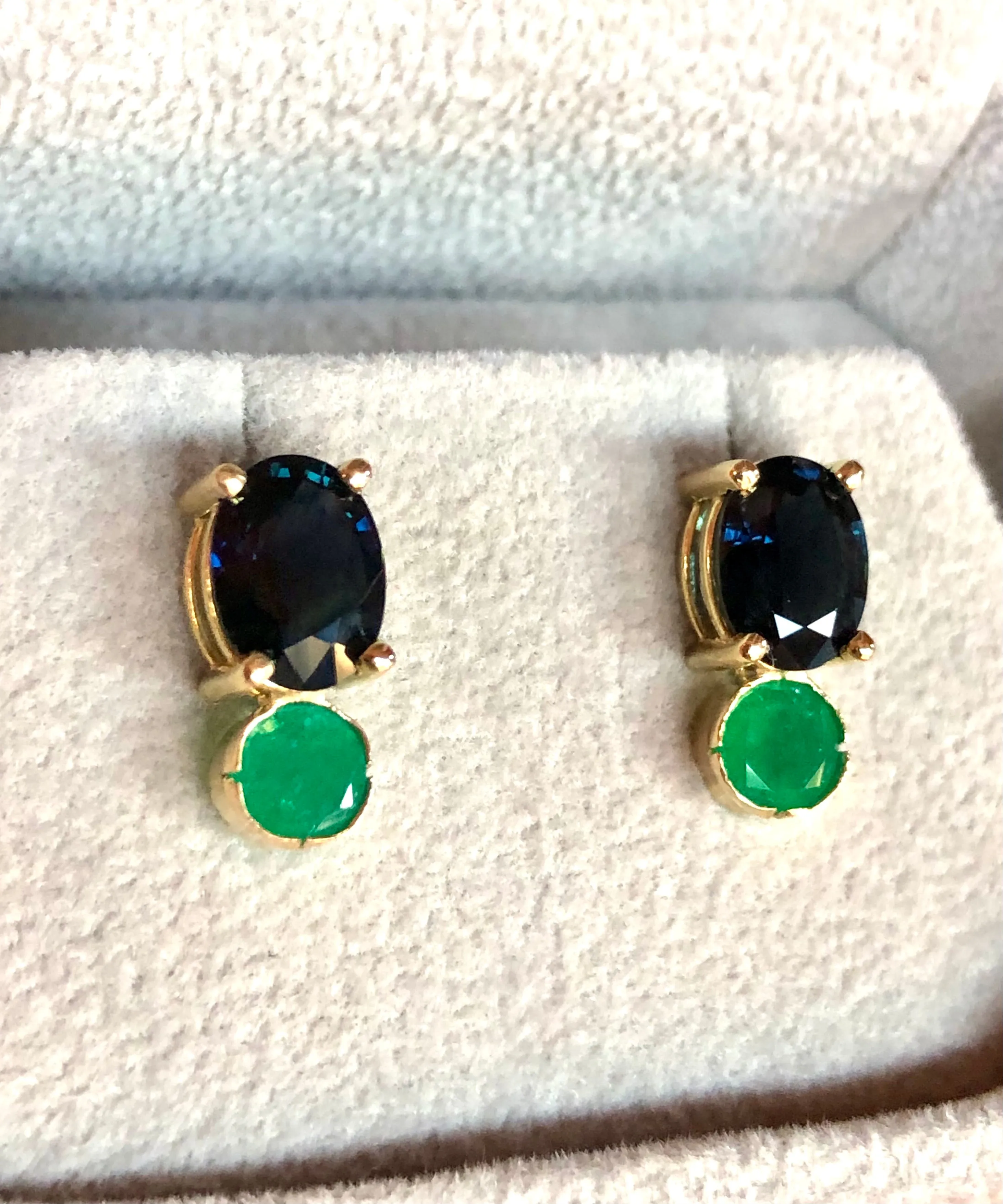 Blue Sapphire, and Colombian Emerald Stud Earrings 18K Yellow Gold