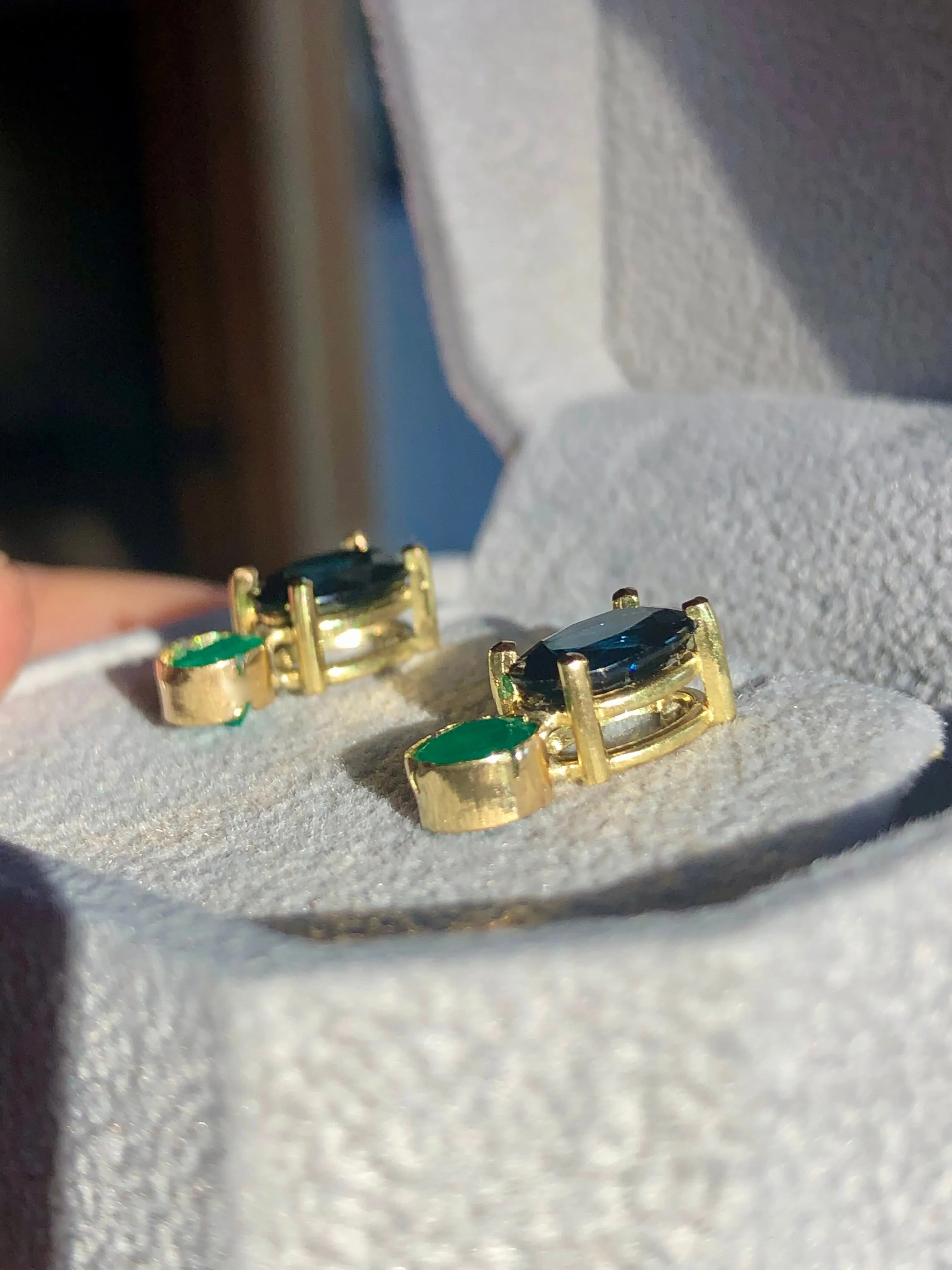 Blue Sapphire, and Colombian Emerald Stud Earrings 18K Yellow Gold
