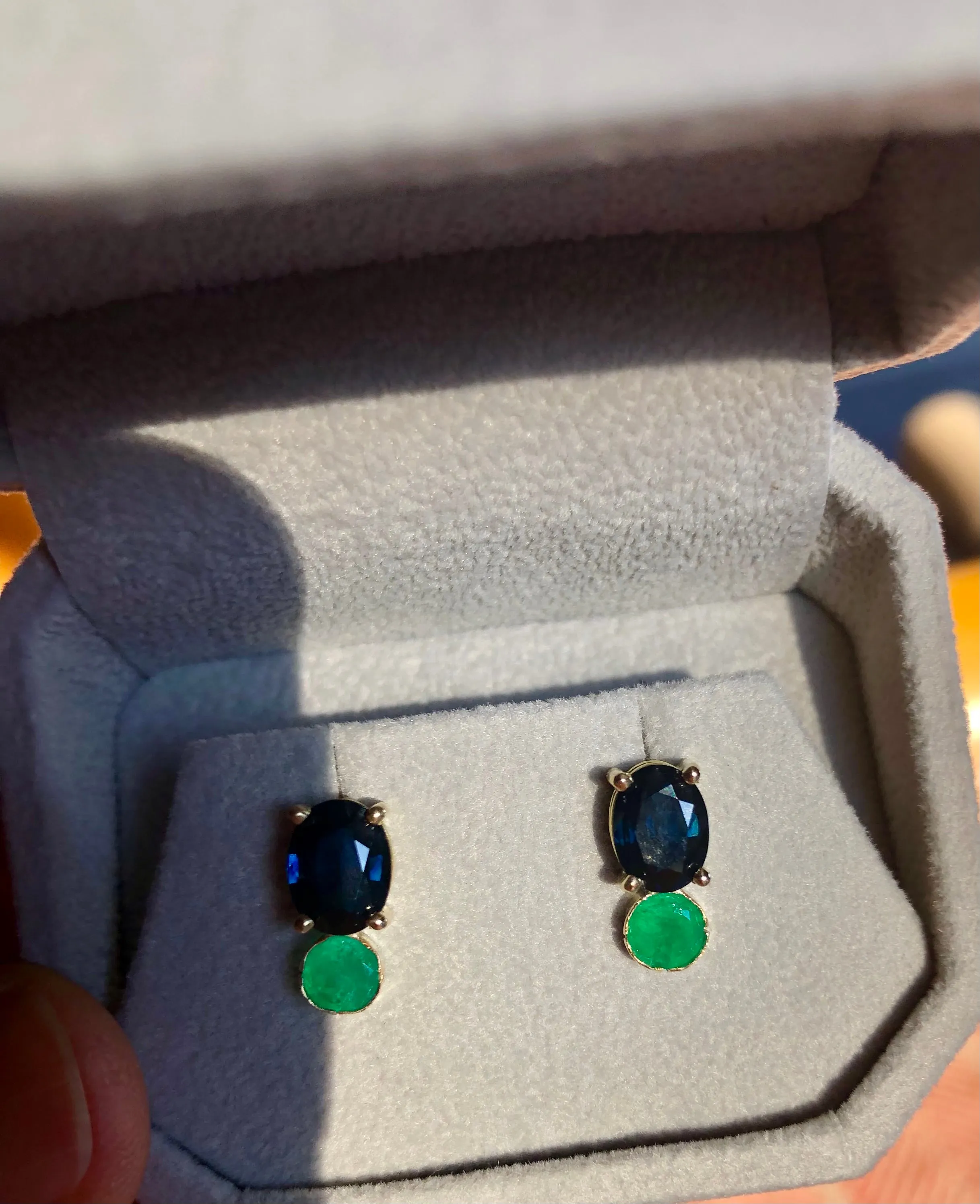 Blue Sapphire, and Colombian Emerald Stud Earrings 18K Yellow Gold