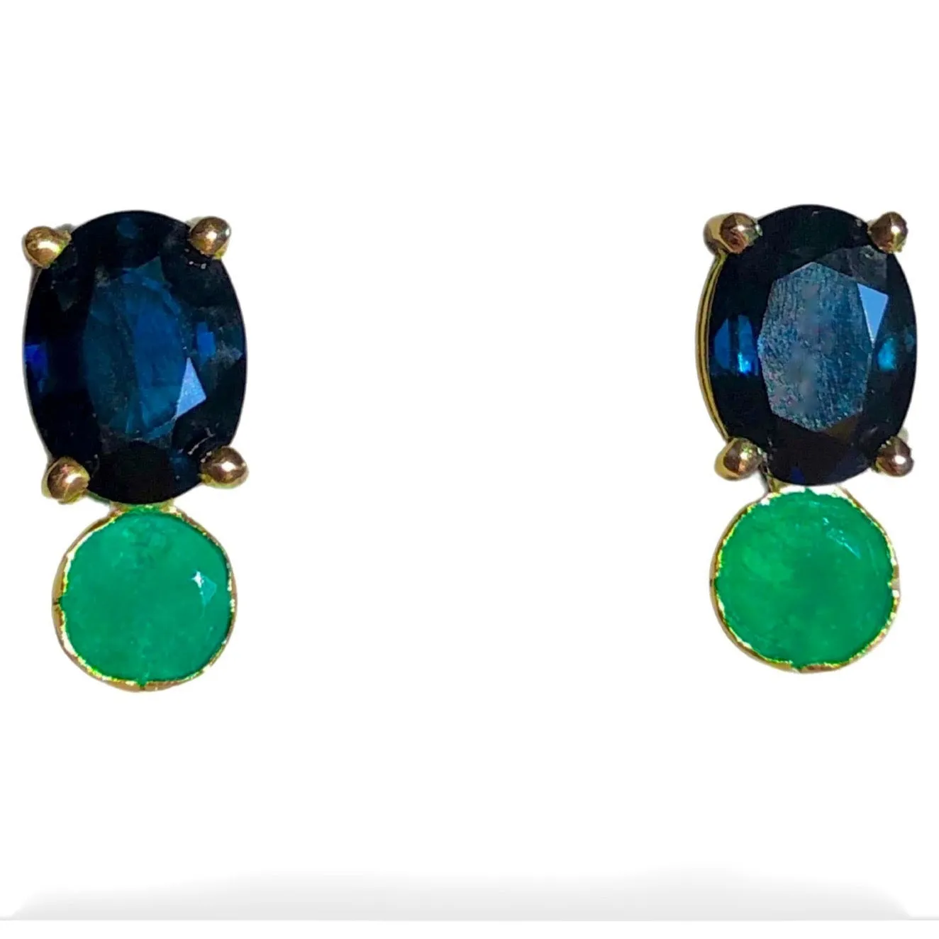 Blue Sapphire, and Colombian Emerald Stud Earrings 18K Yellow Gold