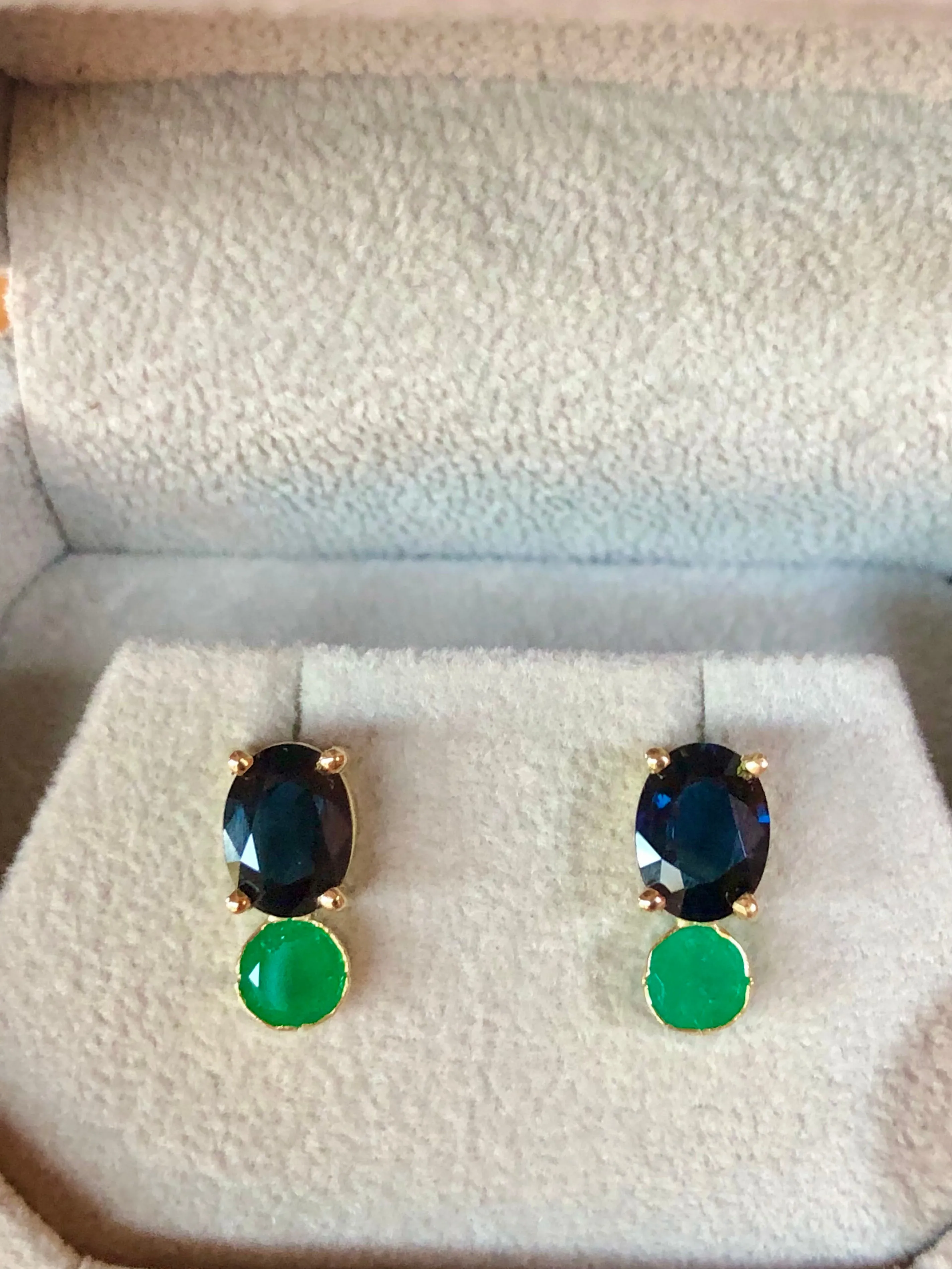 Blue Sapphire, and Colombian Emerald Stud Earrings 18K Yellow Gold