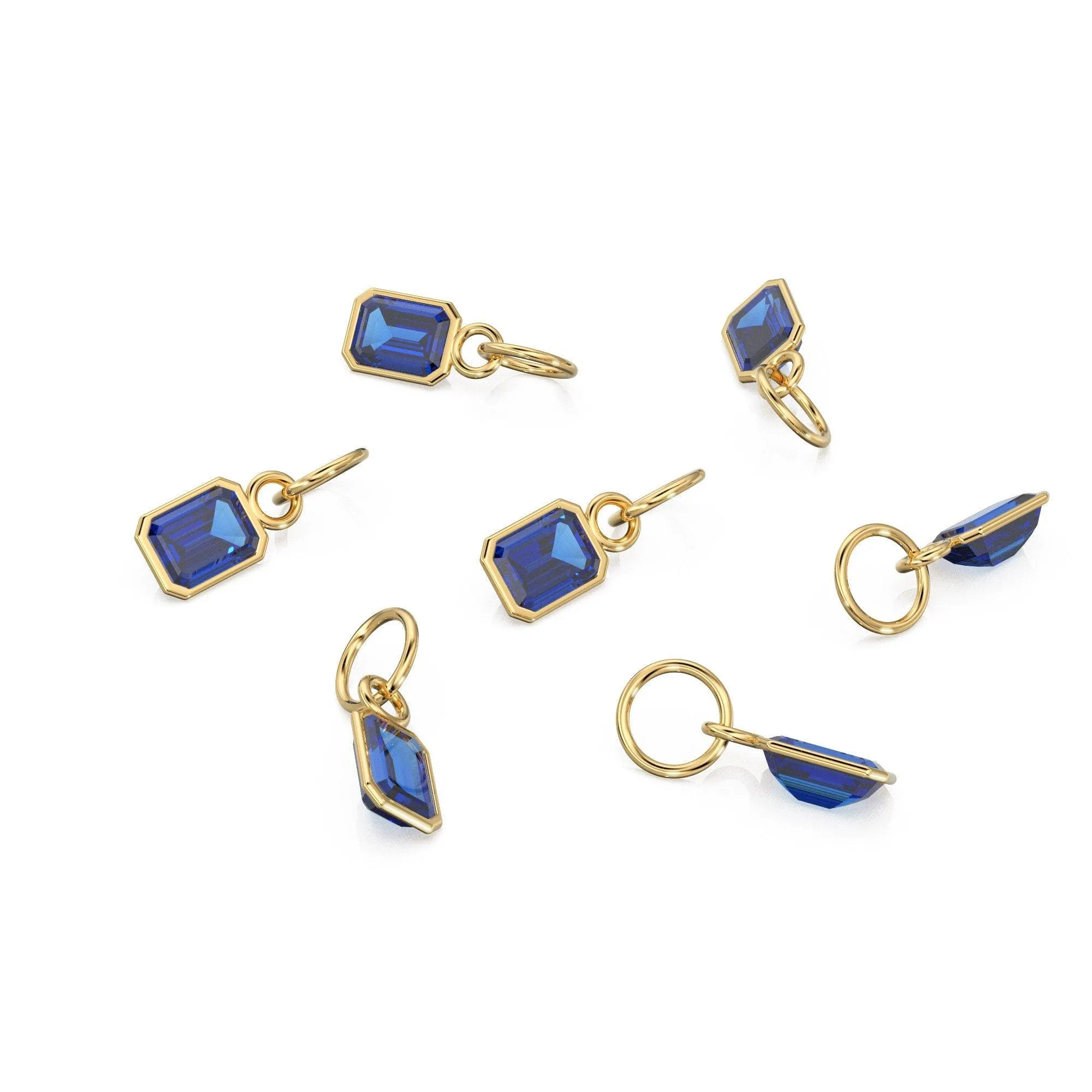 Blue Sapphire Emerald Cut Solid Gold Charm / Blue Gemstone Handmade Gold Pendant / 14k Solid Yellow Gold September Jewelry Making Findings