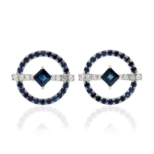 Blue Sapphire Pave Diamond Hallow Stud Earrings in 18k White Gold