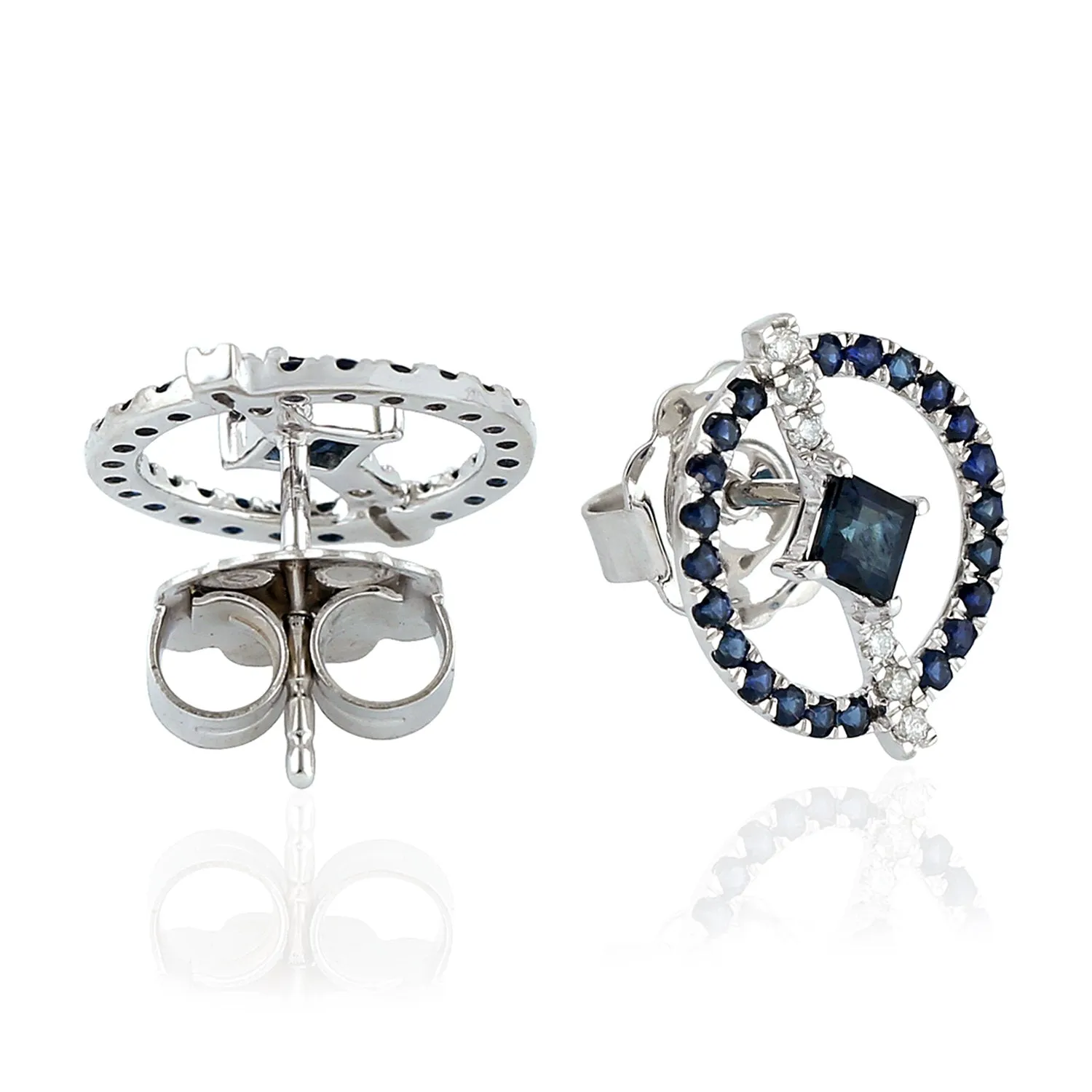 Blue Sapphire Pave Diamond Hallow Stud Earrings in 18k White Gold