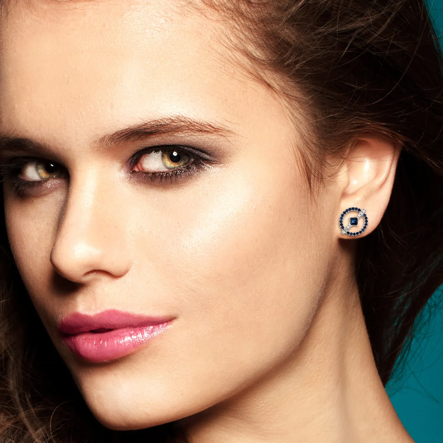 Blue Sapphire Pave Diamond Hallow Stud Earrings in 18k White Gold