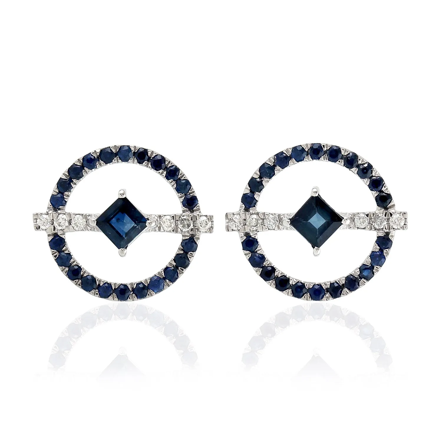 Blue Sapphire Pave Diamond Hallow Stud Earrings in 18k White Gold