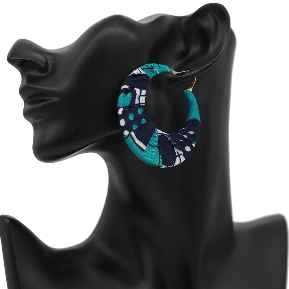 Blue Two Tone Fabric Wrapped Hoop Earrings