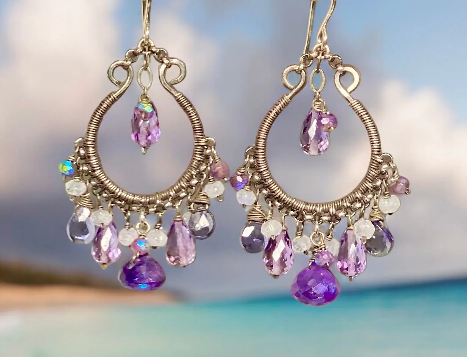 Blue Violet Oxidized Silver Hoop Chandelier Earrings Iolite, Lavender, Purple Amethyst
