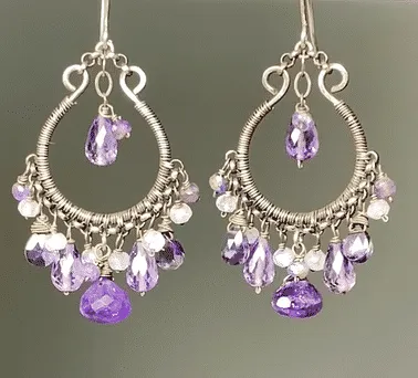 Blue Violet Oxidized Silver Hoop Chandelier Earrings Iolite, Lavender, Purple Amethyst