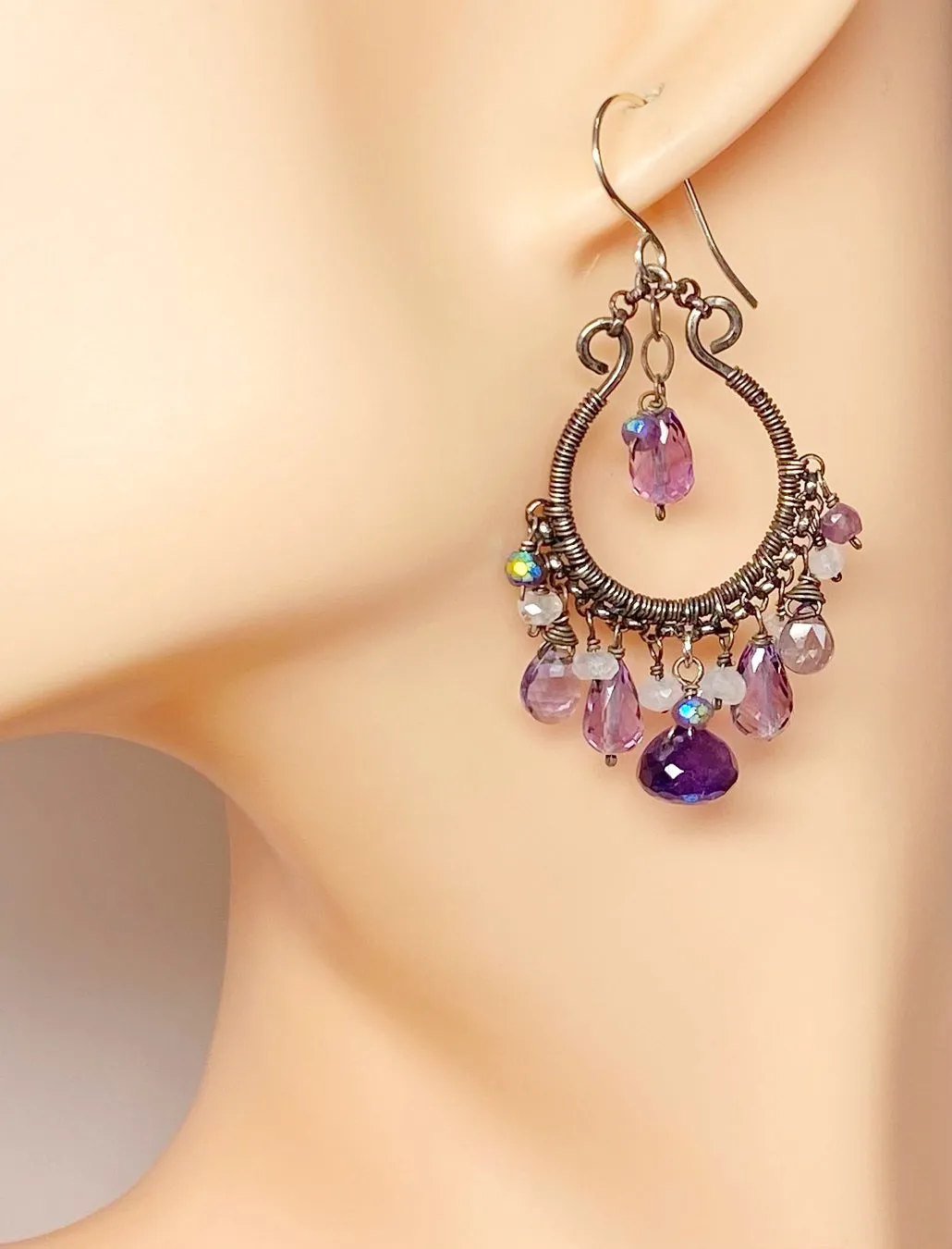 Blue Violet Oxidized Silver Hoop Chandelier Earrings Iolite, Lavender, Purple Amethyst
