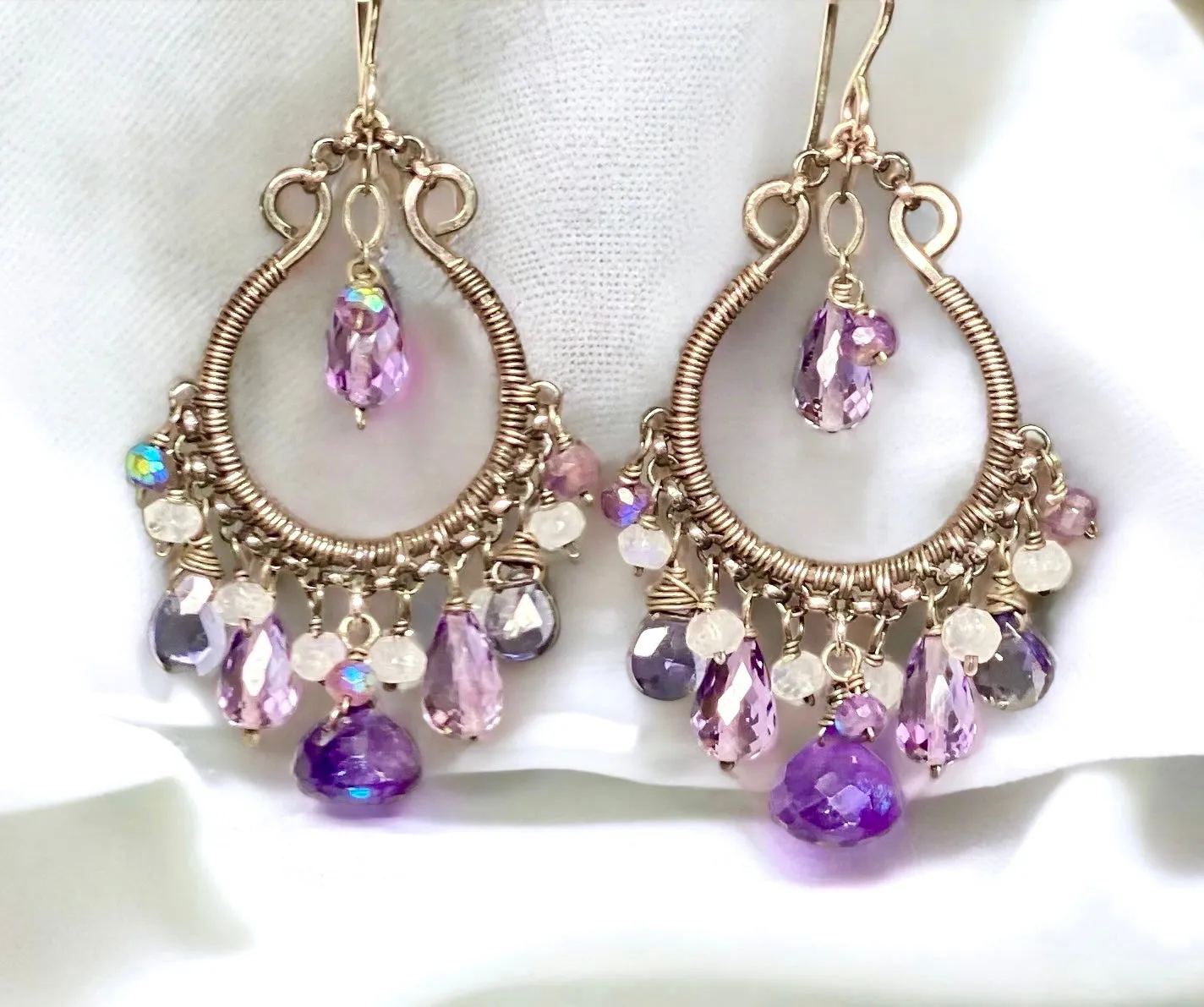 Blue Violet Oxidized Silver Hoop Chandelier Earrings Iolite, Lavender, Purple Amethyst