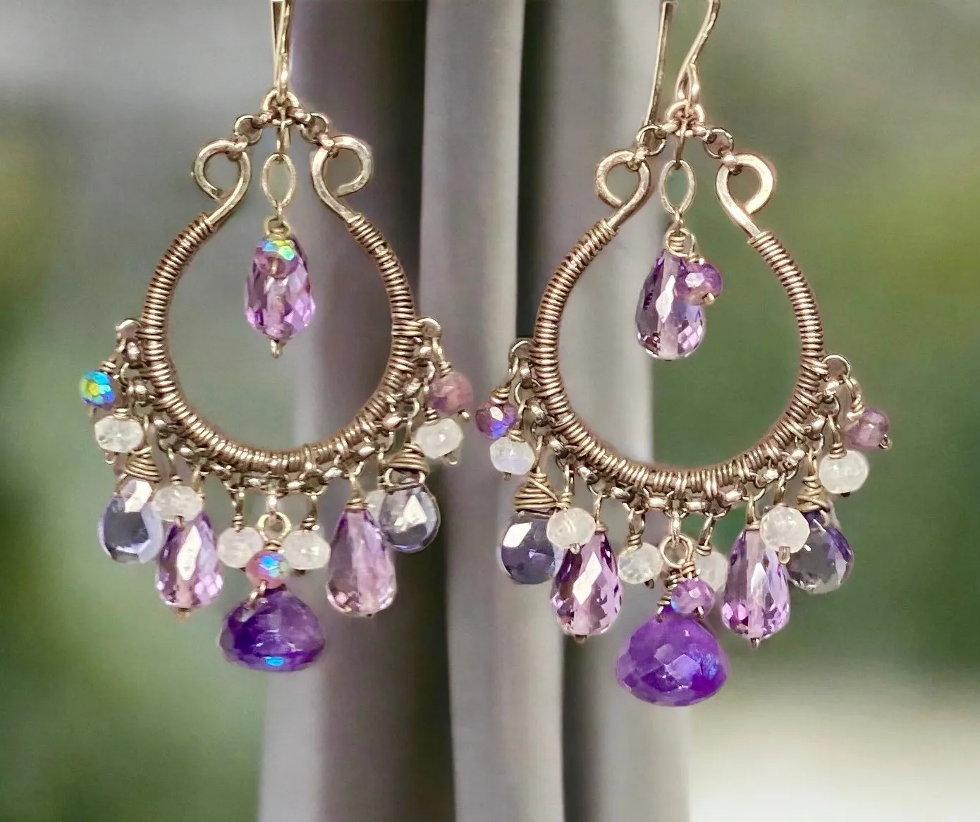 Blue Violet Oxidized Silver Hoop Chandelier Earrings Iolite, Lavender, Purple Amethyst