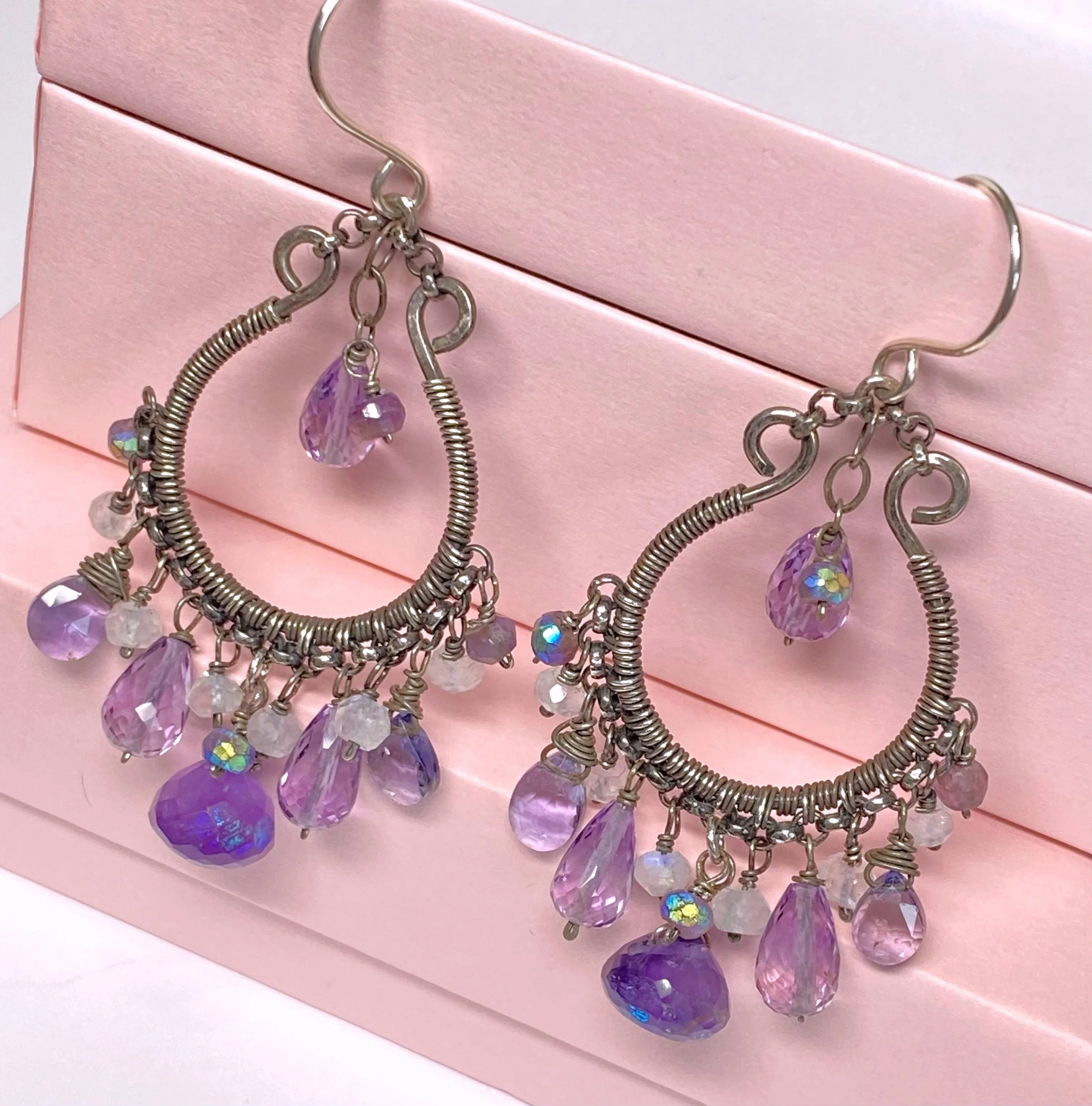 Blue Violet Oxidized Silver Hoop Chandelier Earrings Iolite, Lavender, Purple Amethyst