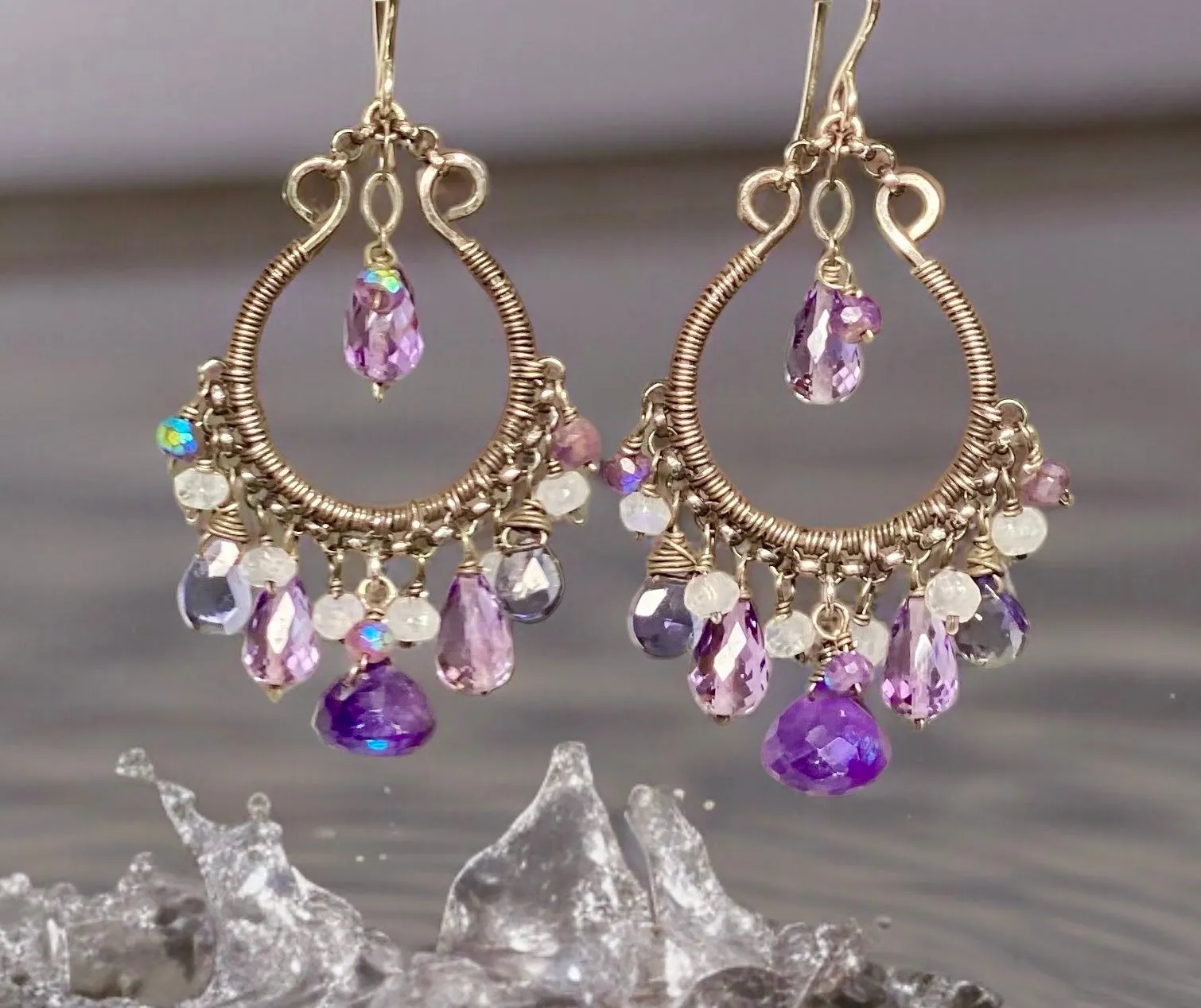 Blue Violet Oxidized Silver Hoop Chandelier Earrings Iolite, Lavender, Purple Amethyst