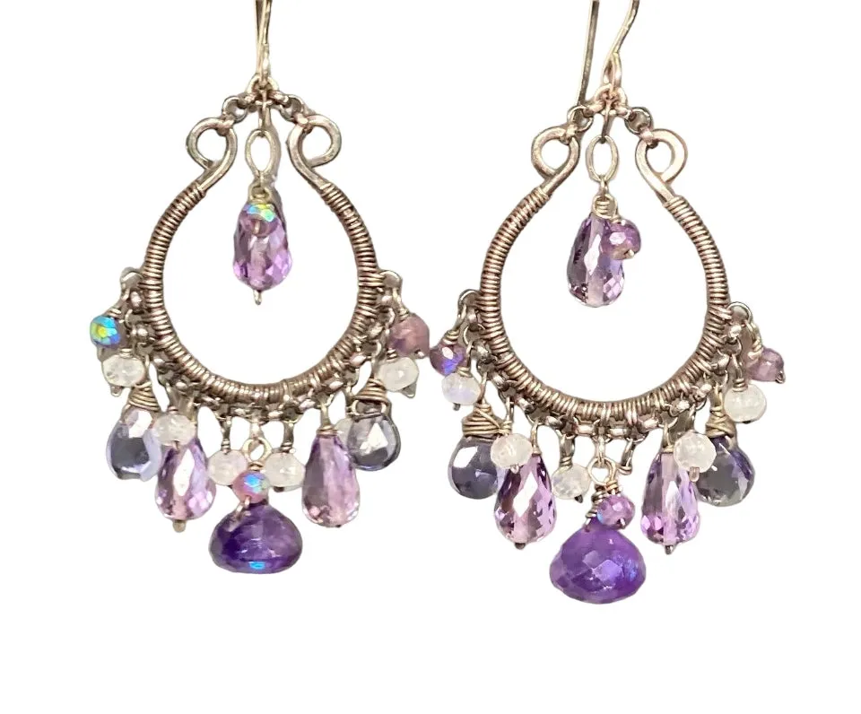 Blue Violet Oxidized Silver Hoop Chandelier Earrings Iolite, Lavender, Purple Amethyst