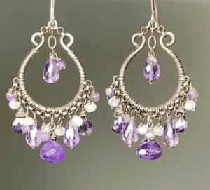Blue Violet Oxidized Silver Hoop Chandelier Earrings Iolite, Lavender, Purple Amethyst
