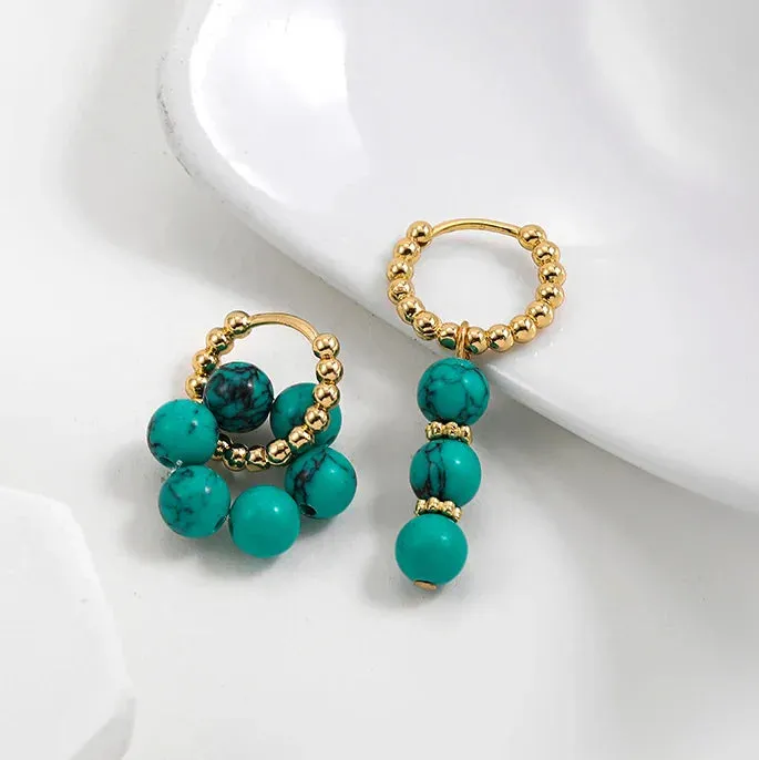 Bohemian Handmade Natural Stone Beads Hoop Earrings for Women Golden Color Stainless Steel Circle