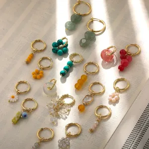 Bohemian Handmade Natural Stone Beads Hoop Earrings for Women Golden Color Stainless Steel Circle