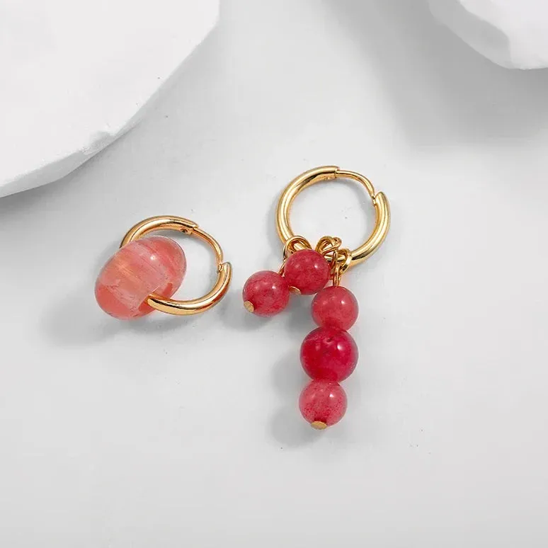 Bohemian Handmade Natural Stone Beads Hoop Earrings for Women Golden Color Stainless Steel Circle