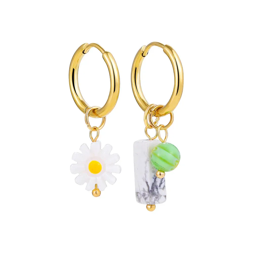 Bohemian Handmade Natural Stone Beads Hoop Earrings for Women Golden Color Stainless Steel Circle