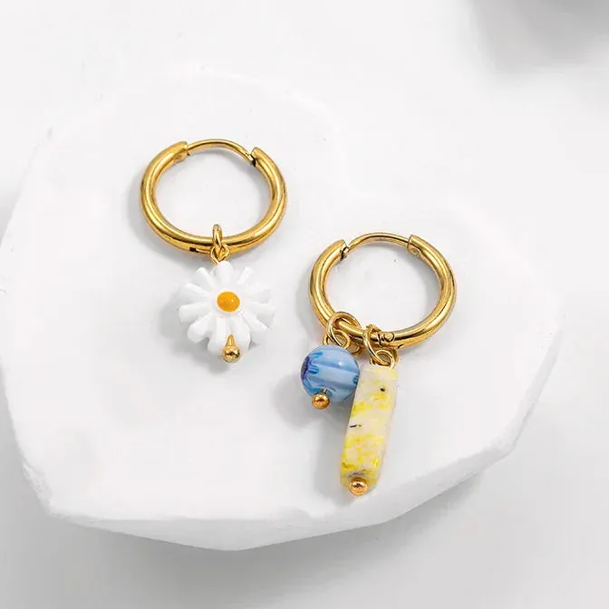 Bohemian Handmade Natural Stone Beads Hoop Earrings for Women Golden Color Stainless Steel Circle
