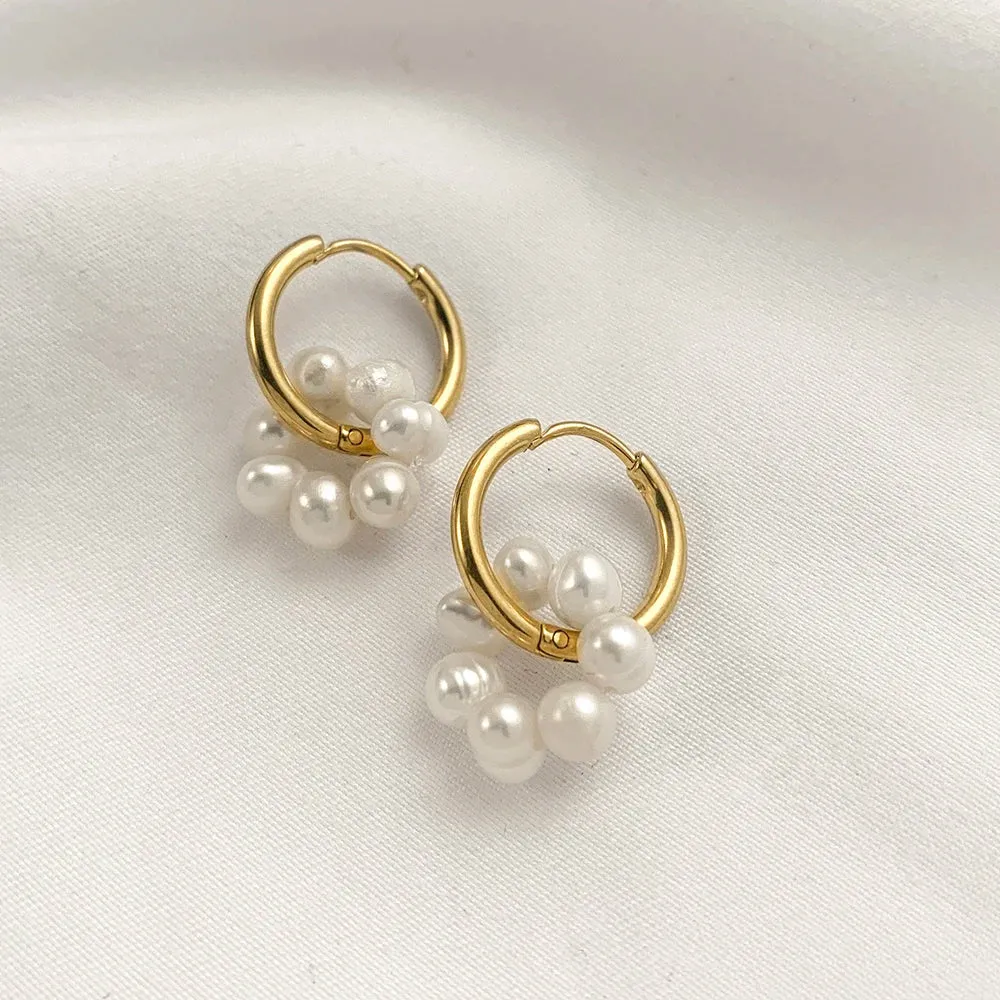 Bohemian Handmade Natural Stone Beads Hoop Earrings for Women Golden Color Stainless Steel Circle