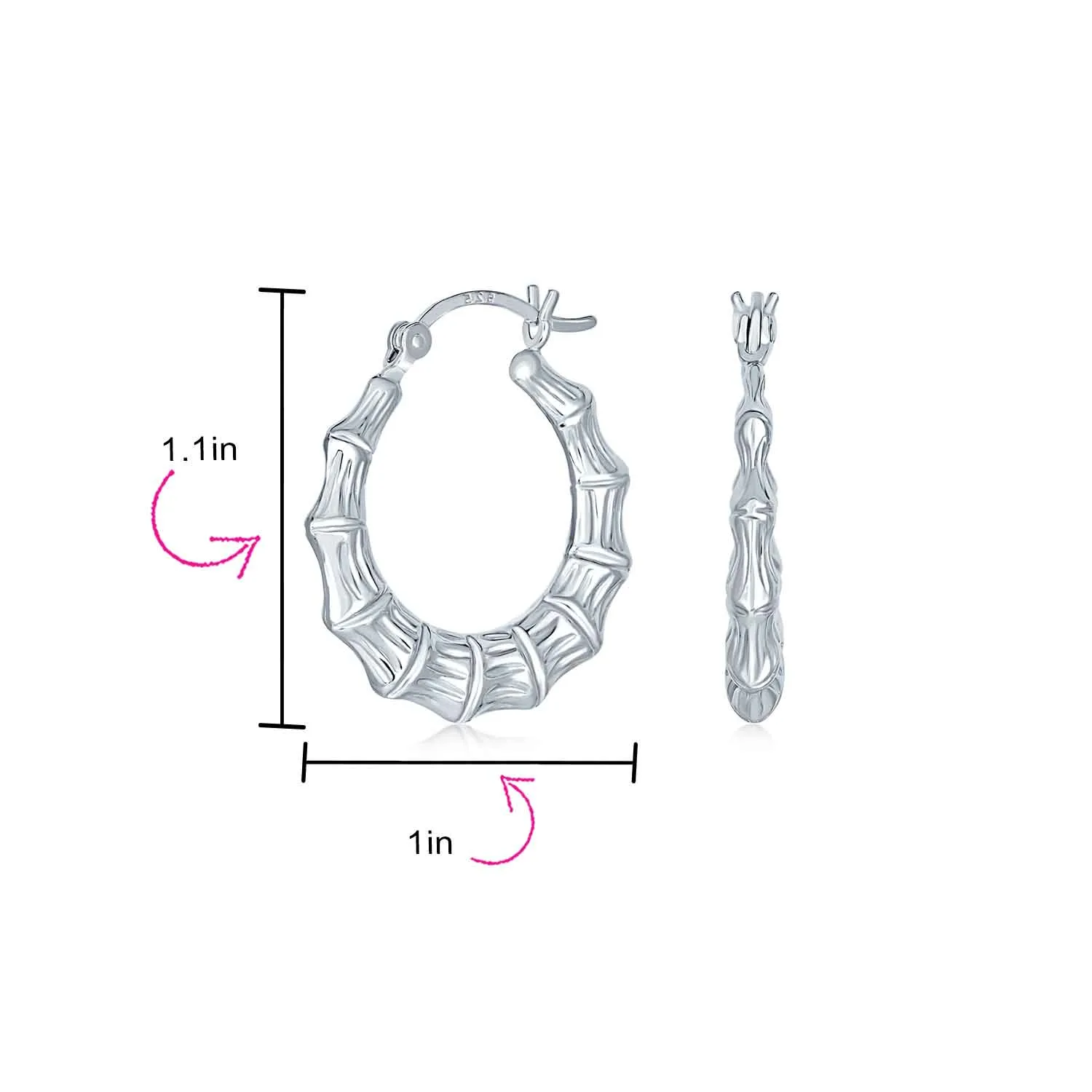 Boho Lightweight Bamboo Hoop Huggie Earrings Matte Sterling Silver 1.25 Inch