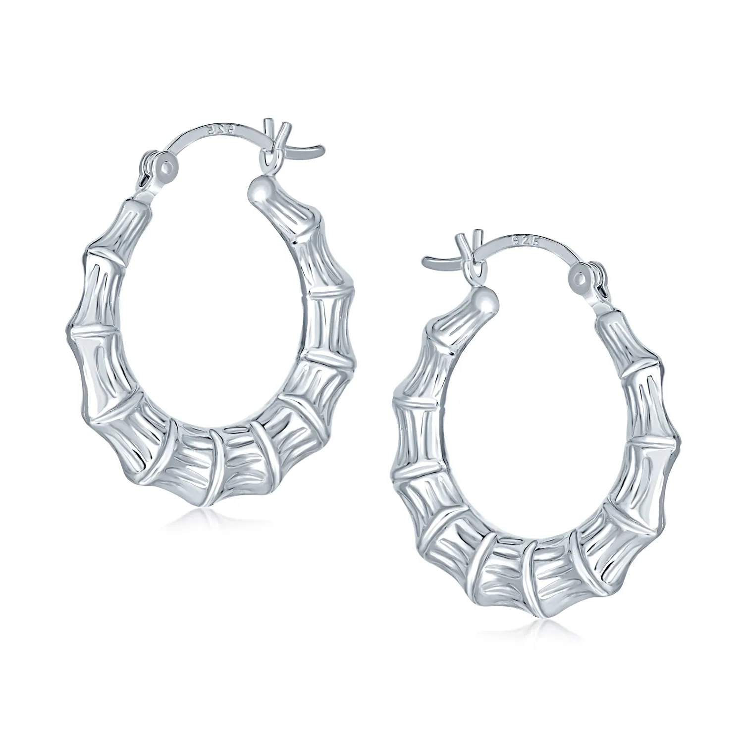 Boho Lightweight Bamboo Hoop Huggie Earrings Matte Sterling Silver 1.25 Inch