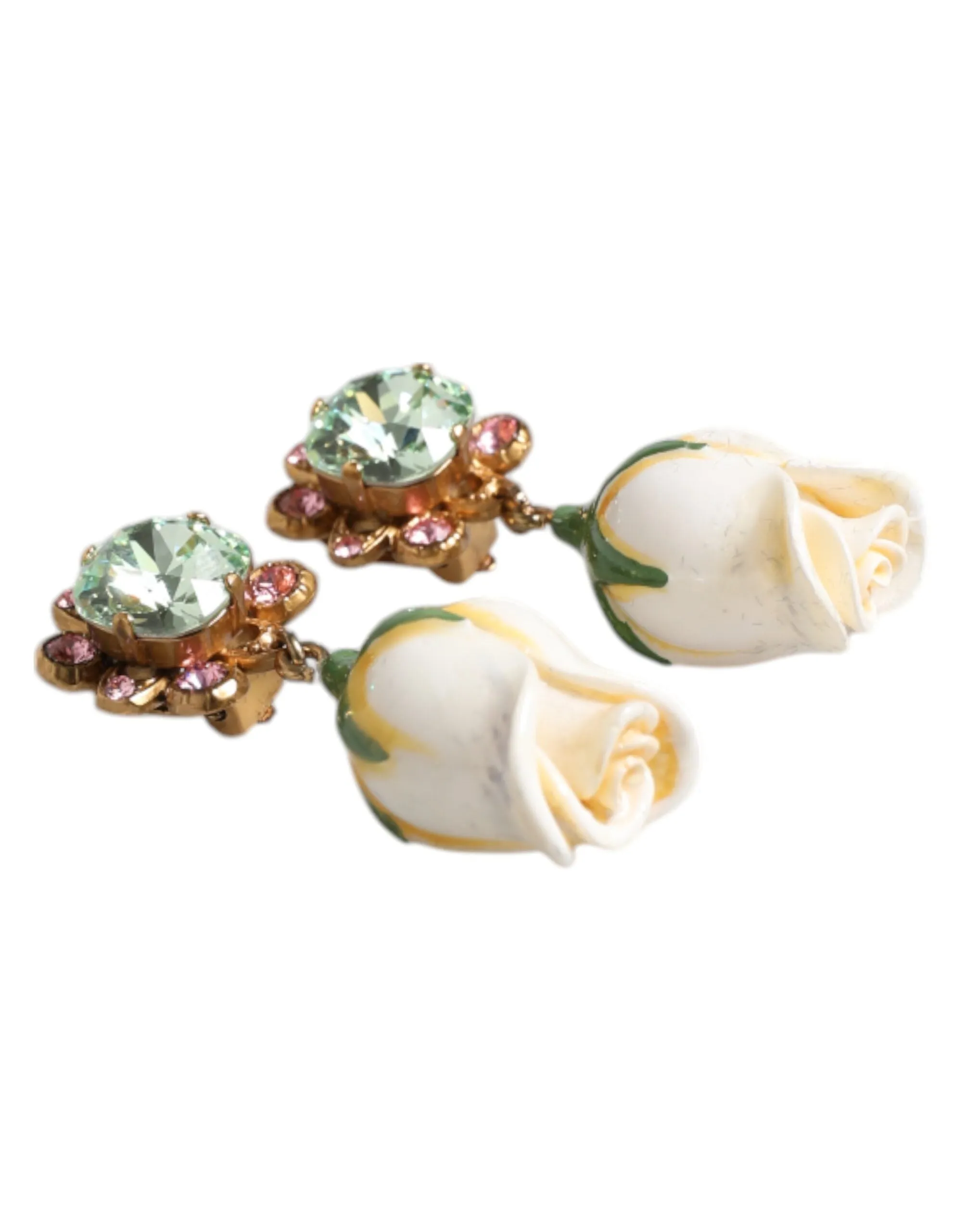 Brass White Flower Bloom Crystal Clip Dangling Earrings