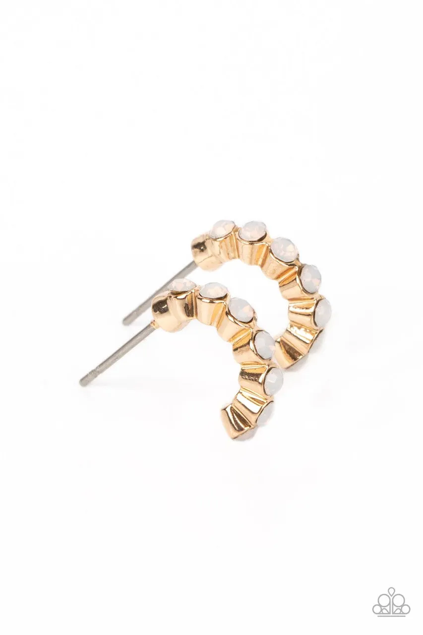Carefree Couture - Gold - White Opalescent Bead Paparazzi Tiny Hoop Earrings