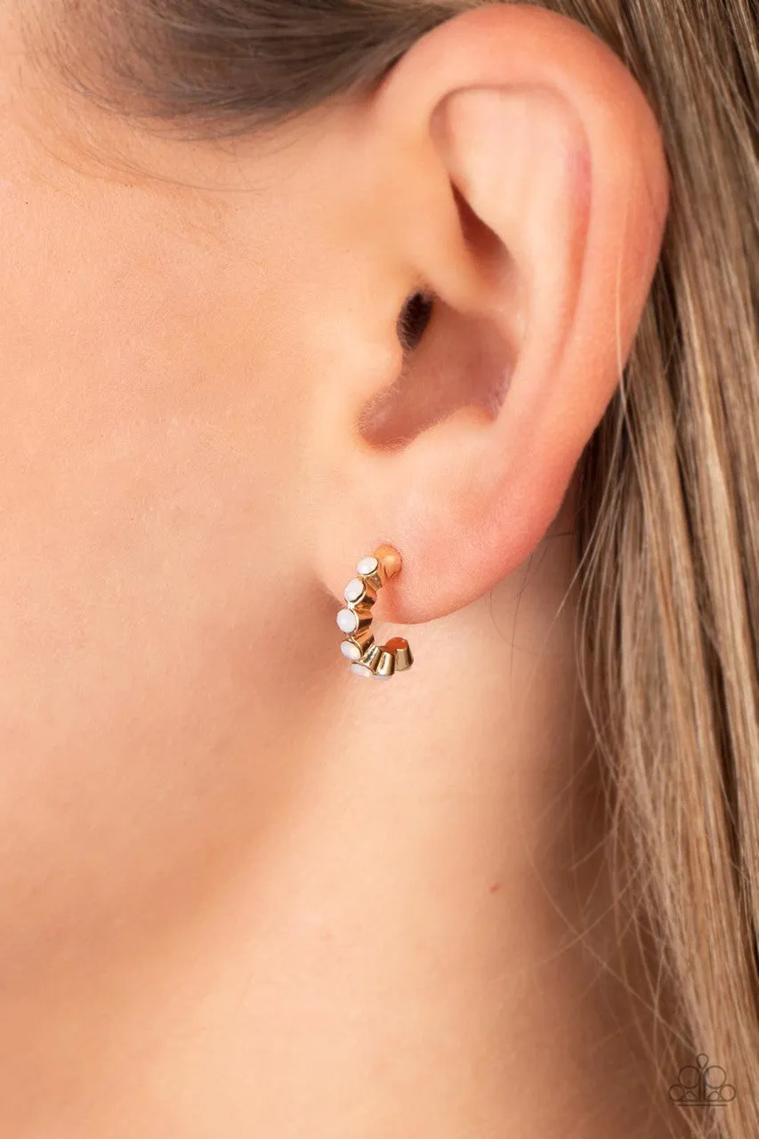 Carefree Couture - Gold - White Opalescent Bead Paparazzi Tiny Hoop Earrings