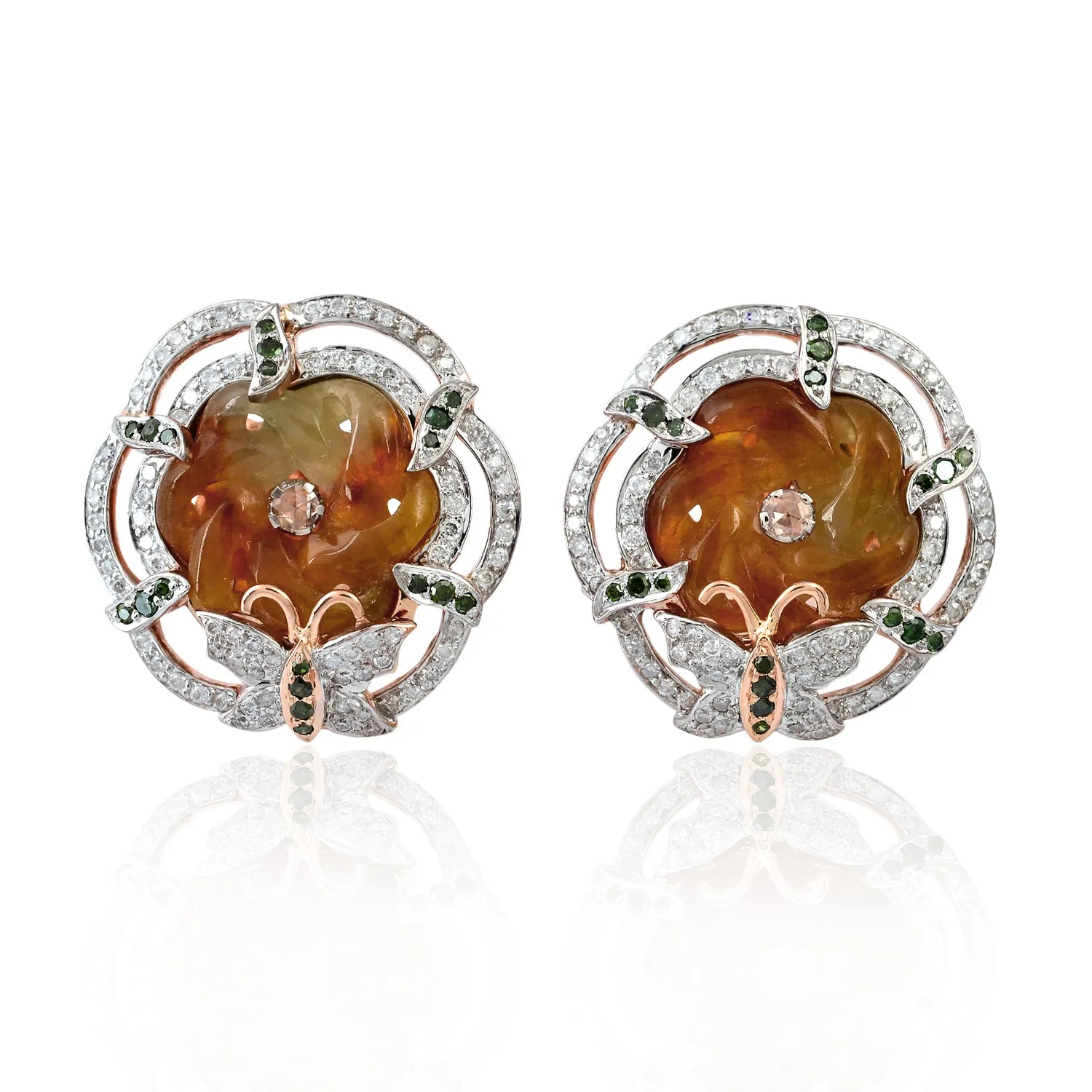 Carved Jade Pave Black And White Diamond Butterfly Stud Earrings In White Gold